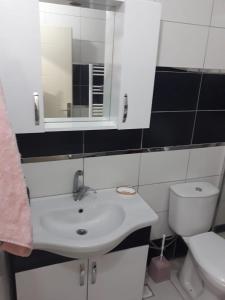 a bathroom with a sink and a toilet and a mirror at günlük aylık kralık daire in Arsin