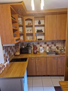 a kitchen with wooden cabinets and a sink at Balassi apartment -with green terrace in Štúrovo