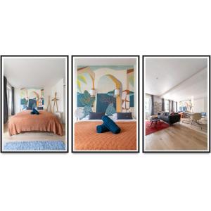 3 fotografias de um quarto com uma cama e uma sala de estar em Résidence Aristide Briand - Appartements en Centre Ville em Vichy