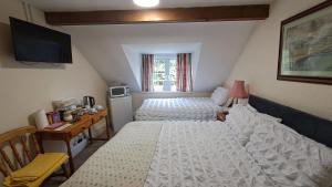 um quarto com 2 camas individuais e uma televisão em Coynant Farm Guesthouse - Farm Park Stay em Swansea