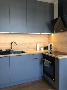 a kitchen with blue cabinets and a sink at Apartament w centrum Gdyni in Gdynia