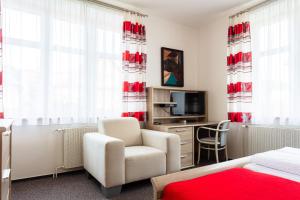 1 dormitorio con 1 cama, 1 silla y TV en Penzion na Smetance, en Zlín