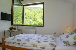 a bedroom with a bed and a large window at VIP Rooms Foča, Accommodation Foca, Foca Rooms in Foča