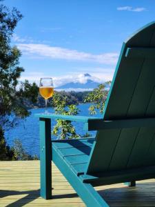 フルティジャールにあるExclusiva Cabin en tranquilo campo a orillas del lago con vista a volcanes - hot tub privadoの水辺を見渡すベンチに座るワイン