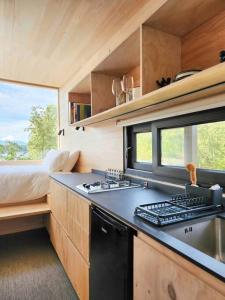 a kitchen with a stove and a sink and a bed at Exclusiva Cabin en tranquilo campo a orillas del lago con vista a volcanes - hot tub privado in Frutillar