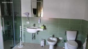een badkamer met een toilet, een wastafel en een douche bij La Sosta in Lunigiana in Monti di Licciana Nardi