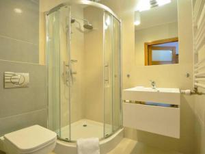 a bathroom with a shower and a toilet and a sink at Willa Natura in Jurgów