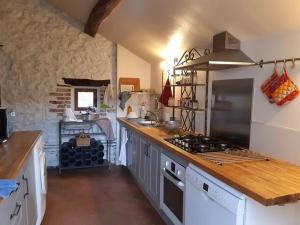 - une cuisine avec un comptoir et une cuisinière four supérieur dans l'établissement Les Hautes Charmante Ferme solognote, à Ligny-le-Ribault