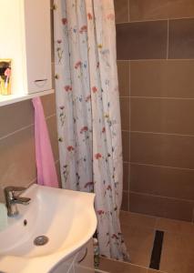 baño con lavabo y cortina de ducha en Kod Lore, en Podgreben
