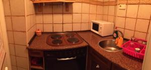 a kitchen with a stove and a sink and a microwave at urb el refugio , brañavieja-alto campoo in Brañavieja