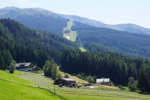 einen grünen Hügel mit einem Bauernhof und einem Tal mit Bäumen in der Unterkunft Walters Hütte in Tulfes