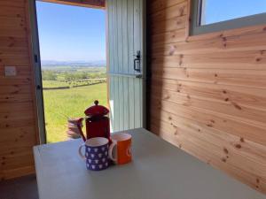 duas chávenas sentadas num balcão num quarto com uma janela em Renison's Farm em Penrith