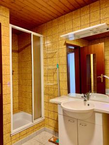 a bathroom with a sink and a shower at Ferienwohnung Cäcilia im idyllischen Haus Kommeles - Leiwen an der Mosel in Leiwen