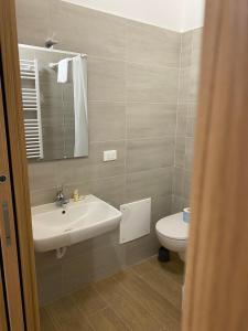 uma casa de banho com um lavatório e um WC em Rifugio Pian dei Ciclamini em Lusevera