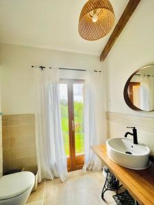 uma casa de banho com um lavatório, um WC e um espelho. em Gîte l’Occitanette em Saint-Blancard