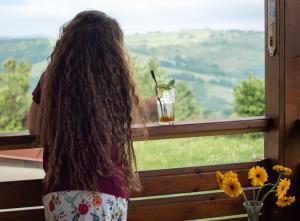 a little girl looking out of a window with a drink at Hotel Kopanice in Žitková