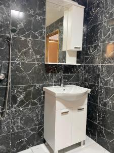 a bathroom with a white sink and a black wall at Hill House Emir in Bihać