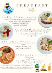 邦勞的住宿－SUNSHINE STAY PANGLAO，大使馆早餐菜单的一页