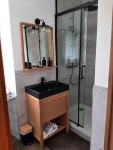 a bathroom with a black sink and a shower at Moulin des Faurilloux in La Chapelle-Faucher +23 photos