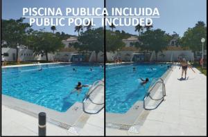 two pictures of people in a swimming pool at Casa Rural Dehesa de Algar in Algar