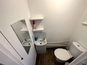 a small bathroom with a toilet and a sink at Spectacular 2 bedroom on Tower Bridge in London