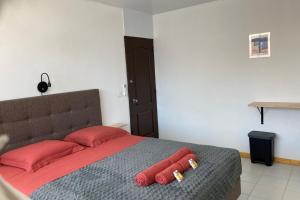 um quarto com uma cama com almofadas vermelhas em "Tiaré" city center room em Papeete