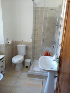 y baño con aseo, ducha y lavamanos. en Casa nell'arco, en Bagni di Lucca