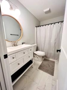 a bathroom with a sink and a mirror and a toilet at Riverside House in Asheville