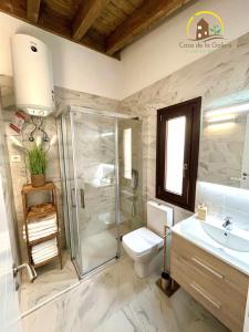 a bathroom with a shower and a toilet and a sink at Casa de la Galera Alojamiento Turístico en Toledo in Toledo