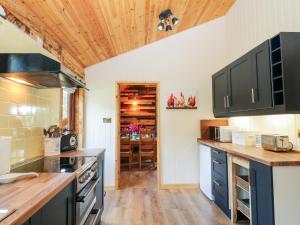 a kitchen with black cabinets and a wooden ceiling at The Great Escape in Beaworthy