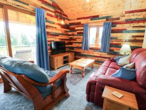 a log cabin living room with a couch and a tv at The Great Escape in Beaworthy