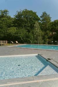 an empty swimming pool with trees in the background at Ca Stella Camping del Monte San Giorgio in Meride