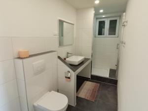 a white bathroom with a toilet and a sink at Apartments Anica in Primošten