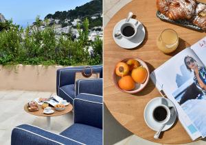 a table with a cup of coffee and a bowl of fruit at Villa Lia Hotel Capri in Capri