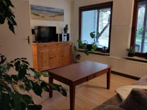 - un salon avec une table basse et une télévision dans l'établissement Kutscherwohnung, à Kiel