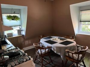 een keuken met een tafel met stoelen en een fornuis bij Private Victorian Apartment in convenient City location on 5 acre, Sleeps 5 in Poughkeepsie