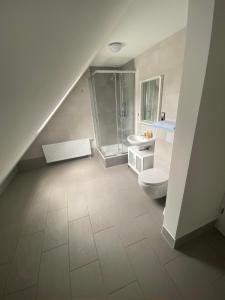 a bathroom with a shower and a toilet and a sink at Apartments Feniks in Blomberg