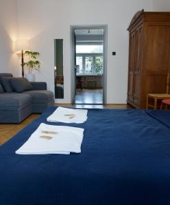 ワルシャワにあるWarsaw Concierge Tamka Chopinのリビングルーム(青いベッド、タオル付)