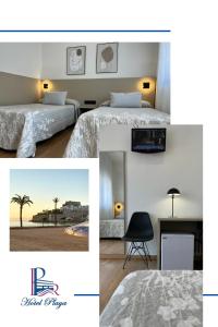 two pictures of a hotel room with two beds and a chair at Hotel Playa in Peñíscola