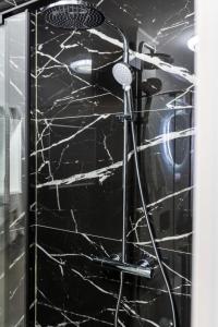 a shower with a microphone in a bathroom at Rayyan Apartment in Zagreb