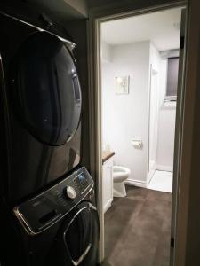 a bathroom with a television and a bathroom with a toilet at *Cozy, newly renovated, fully equipped* in Hamilton