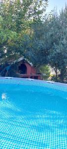 a blue swimming pool with trees in the background at Studio Apartman Tariba in Rab