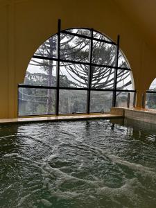 a large pool of water in a building with a large window at Chocoland Hotel Gramado in Gramado