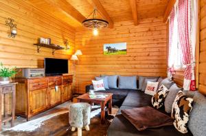 - un salon avec un canapé et une télévision dans une cabine dans l'établissement Ferienblockhaus Glocker - Hof, à Leibertingen
