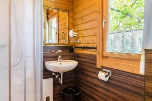 a bathroom with a sink and a mirror at Ferienblockhaus Glocker - Hof in Leibertingen +35 photos