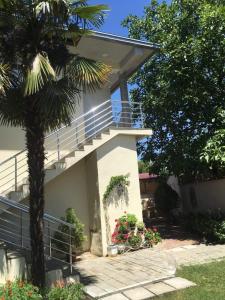 a house with a balcony and a palm tree at Apartments Groshev in Star Dojran