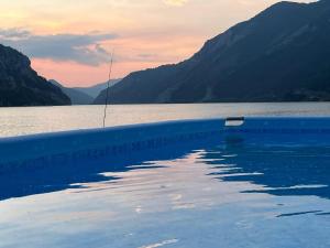 a swimming pool with a view of the water and mountains at VILA SARA in Vârtopu
