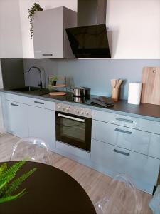 a kitchen with white cabinets and a stove top oven at Bergsteigerbude in Wernigerode