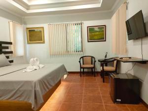 ein Zimmer mit einem Bett, einem Schreibtisch und einem Fernseher in der Unterkunft DMC1 Residence Panglao in Panglao