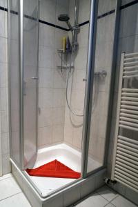 カロリーネンジールにあるFerienwohnung Mühlenblick 3のバスルーム(赤いマットのシャワー付)